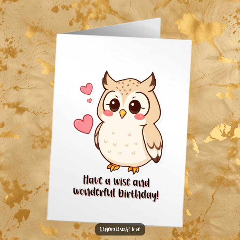 Free Printable Birthday Card: A curious owl hoots softly with a small heart hovering nearby, sharing birthday joy.