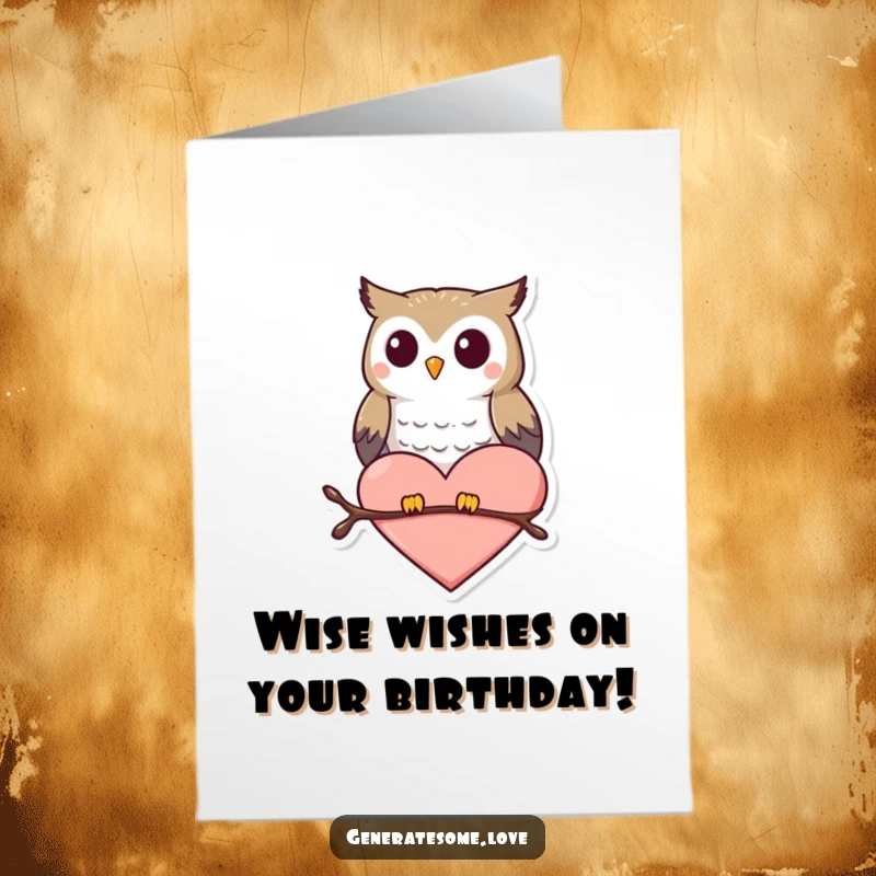 Funny Free Printable Birthday Card: A small owl character happily perches on a heart shape, sending birthday love.
