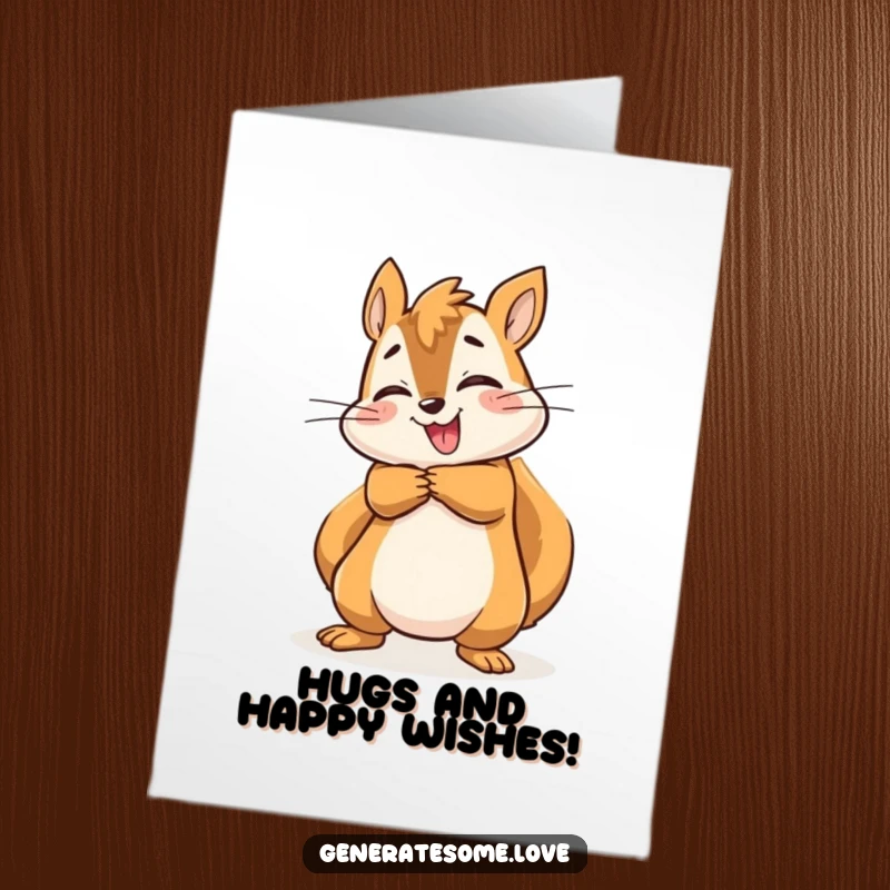 Funny Free Printable Birthday Card: Energetic squirrel throws arms open wide for a joyful, enthusiastic birthday hug, radiating happiness.