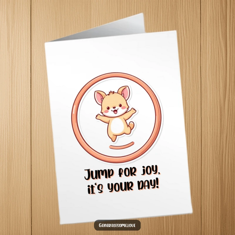 Funny Free Printable Birthday Card: Tiny animal character joyfully springs through a heart-shaped hoop, celebrating your big day.