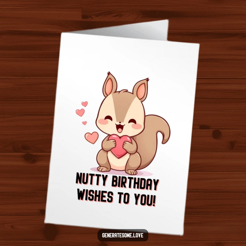 Cute Free Printable Birthday Card: A kawaii squirrel character happily chattering while holding a heart-shaped treat, looking pleased.