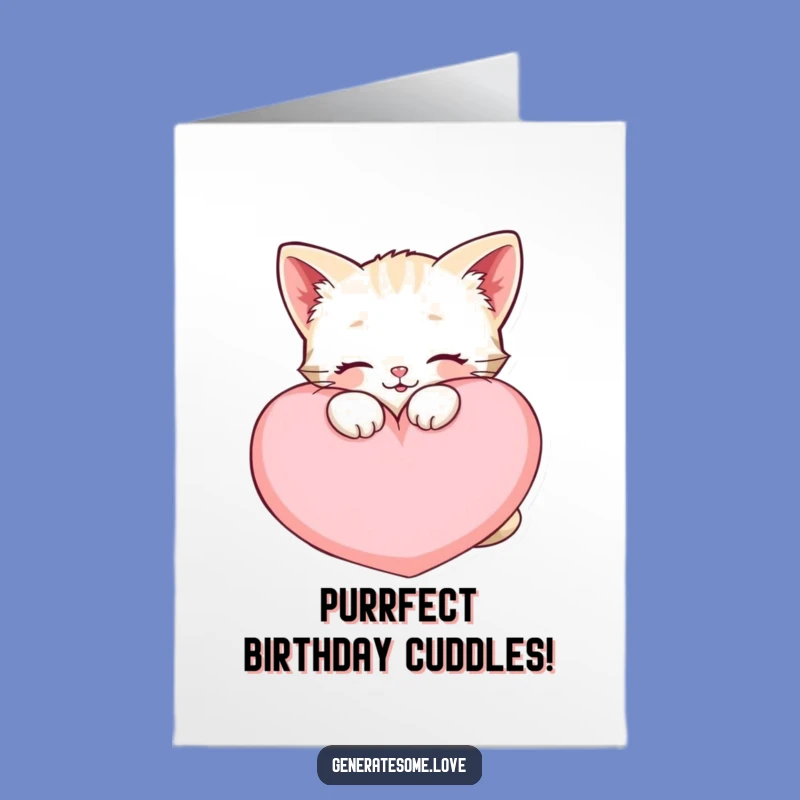 Free Printable Birthday Card: Kitten Hugging Heart, Cozy & Funny Downloadable Greeting