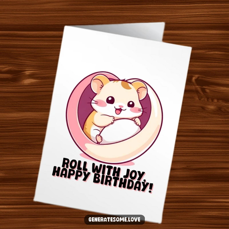 Funny Free Printable Birthday Card: A kawaii hamster comically rolling inside a giant red heart-shaped ball, with a mischievous grin.