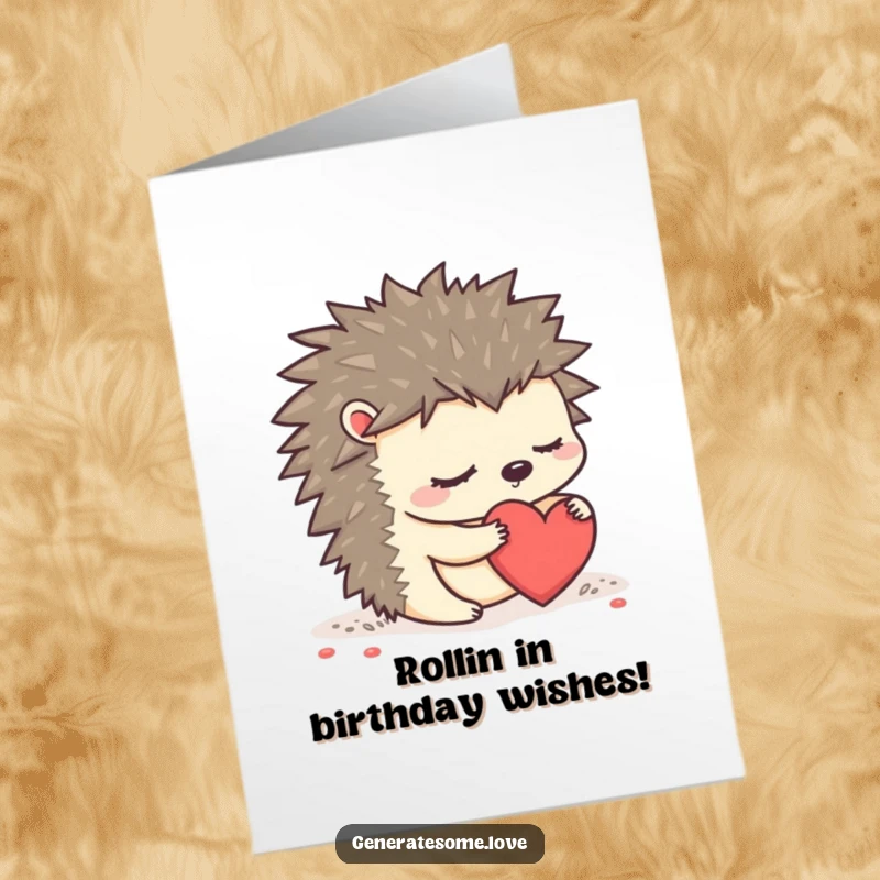 Funny Free Printable Birthday Card: Sleepy hedgehog gently rolling a heart, spreading love and warmth, perfect DIY downloadable gift.