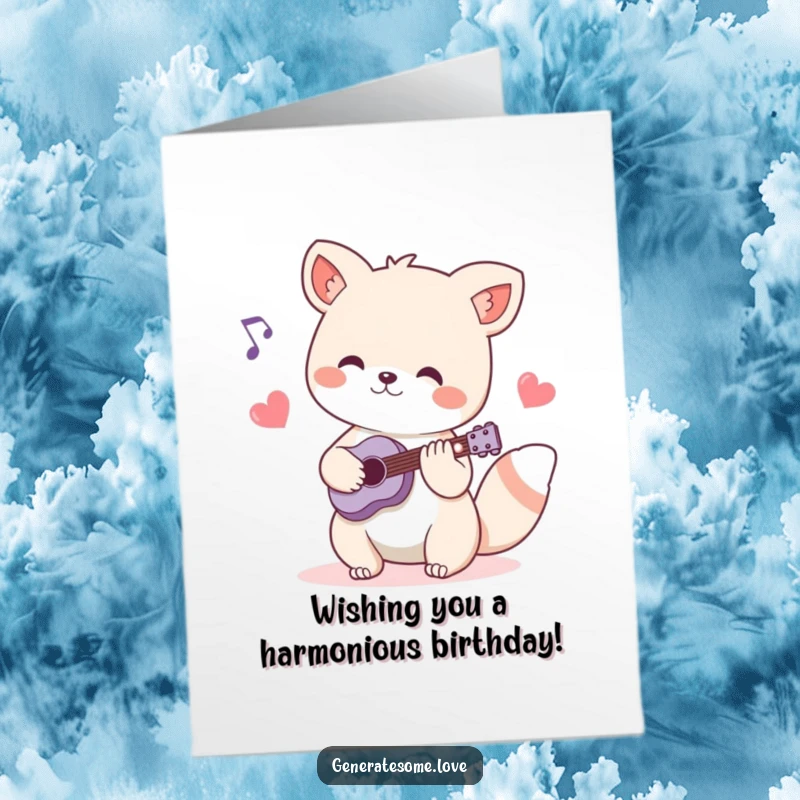 Funny Free Printable Birthday Card: Charming animal playing music, with heart notes, creating a joyful melody.