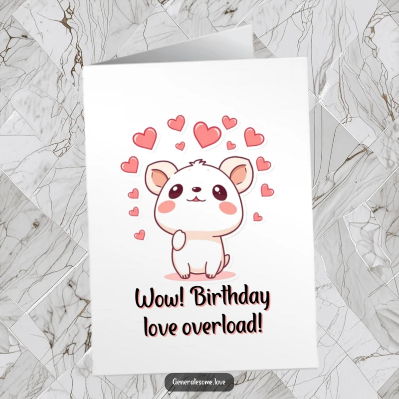 Funny Free Printable Birthday Card: Surprised animal gazing upwards as a cascade of hearts rains down.