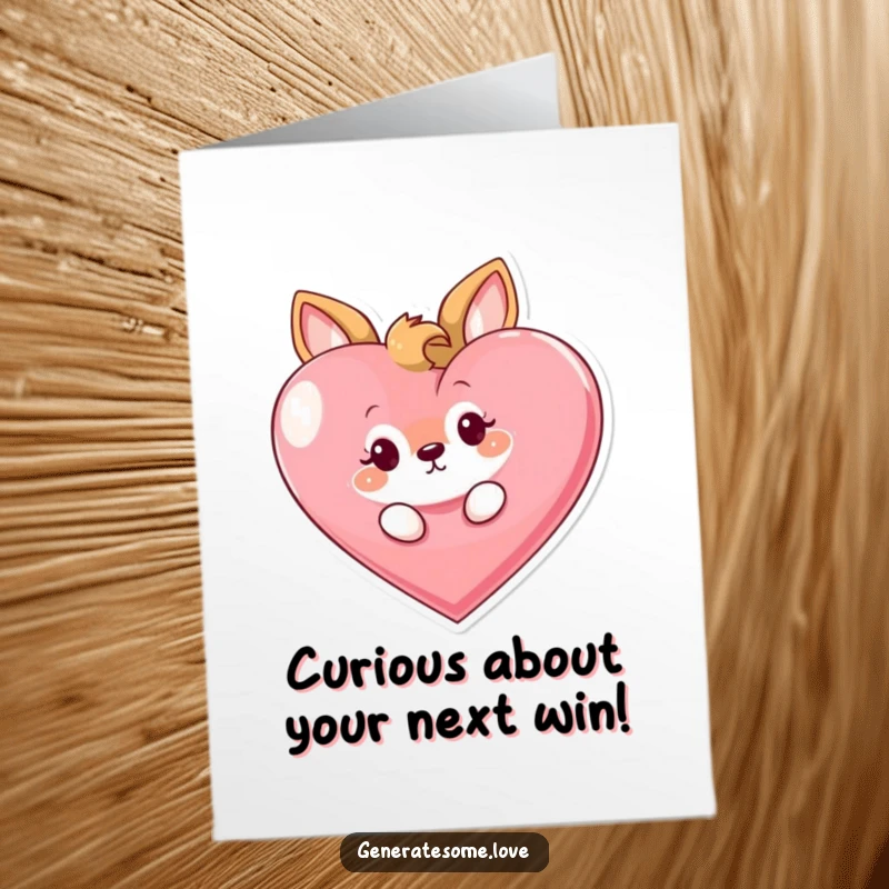 Funny Free Printable Congrats Card: Curious animal peeking behind a giant heart, hinting at good news.