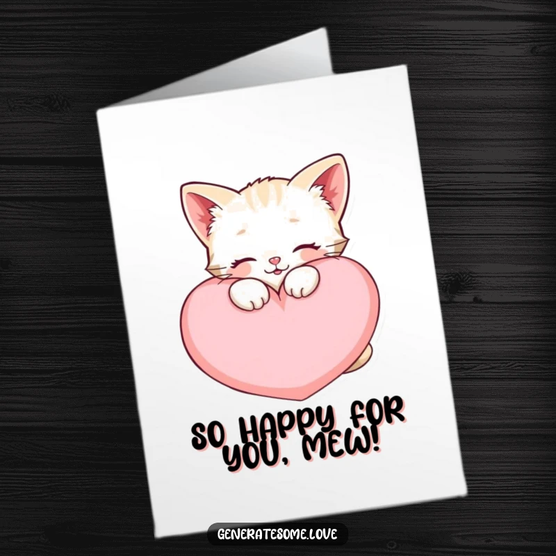 Funny Free Printable Congratulations Card: A content kawaii kitten snuggled up with a large, plush heart cushion, exuding happiness.
