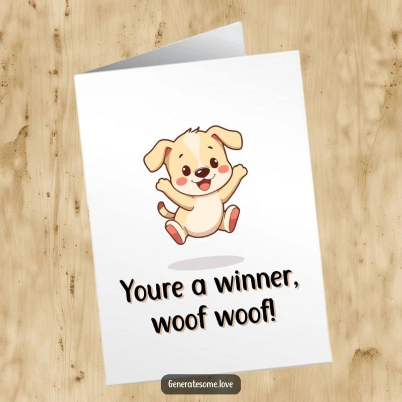 Funny Free Printable Congratulations Card: A happy puppy bouncing with pure joy, tail wagging furiously.