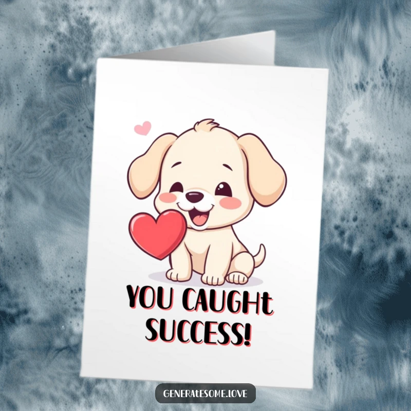 Funny Free Printable Congratulations Card showing a cheerful puppy leaping to catch a floating heart with its happy mouth.