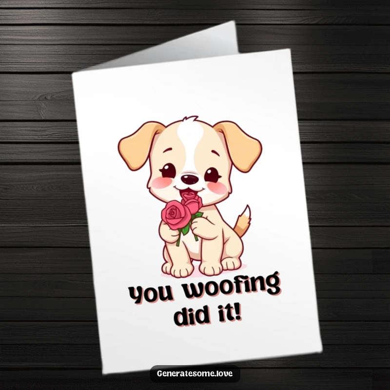 Funny Free Printable Congrats Card: A playful puppy holding a rose, wagging its tail to express congratulations.