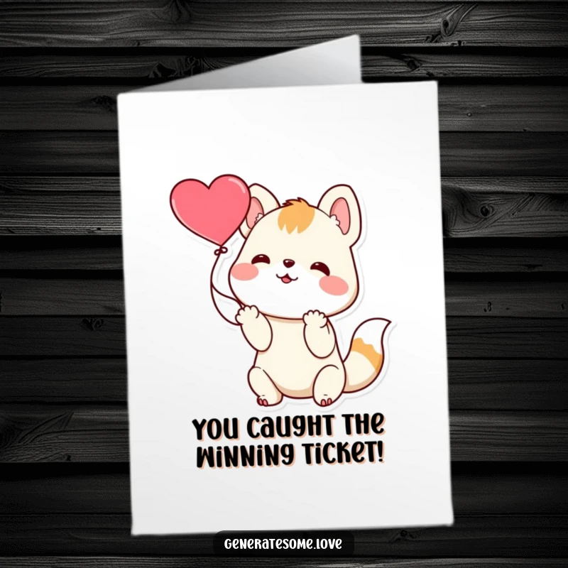 Funny Free Printable Congratulations Card: A playful animal character's paws skillfully catch a floating heart, symbolizing captured success.