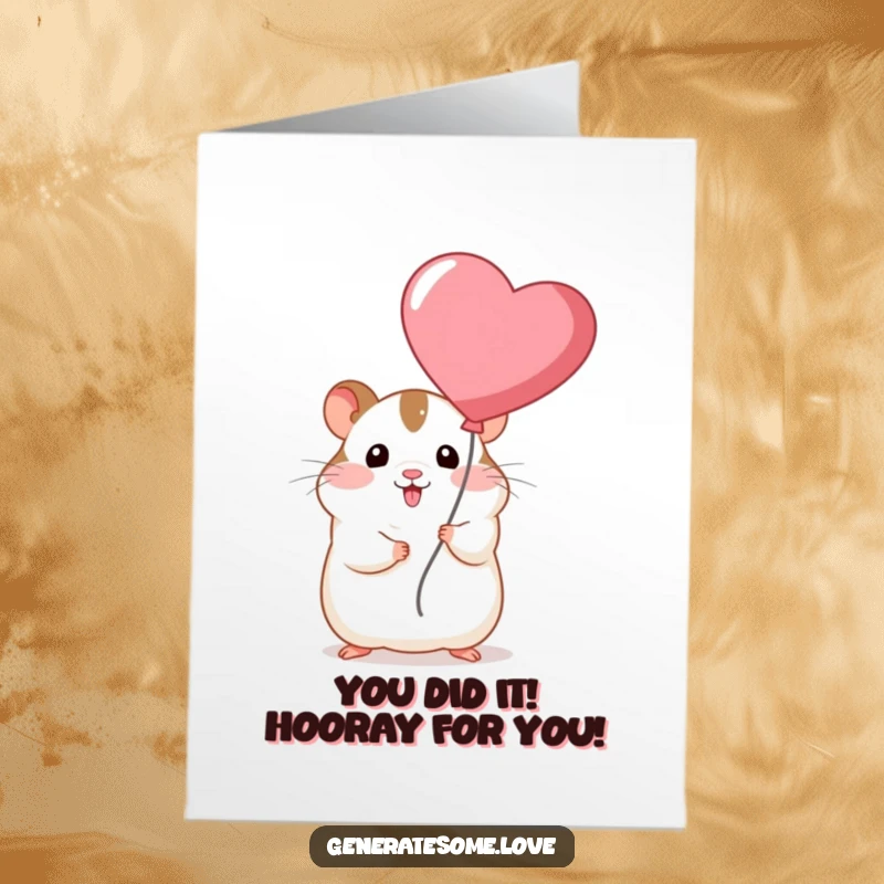 Funny Free Printable Congratulations Card: Chubby hamster proudly holds a big heart balloon, celebrating a special achievement with adorable humor.