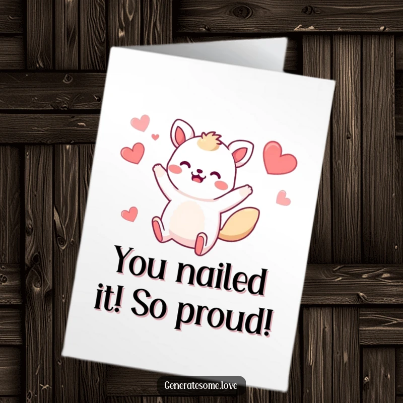 Funny Free Printable Congrats Card: Whimsical animal joyfully jumping, surrounded by hearts, celebrating success.