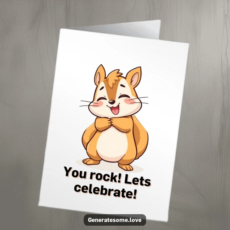 Funny Free Printable Congratulations Card: Energetic squirrel gives a big, joyful hug, celebrating a fantastic achievement with pure enthusiasm.