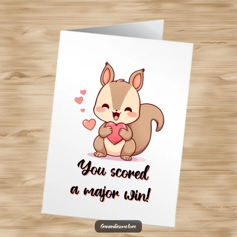 Cute Free Printable Congratulations Card: A happy kawaii squirrel holding a heart-shaped treat, celebrating good news with a smile.