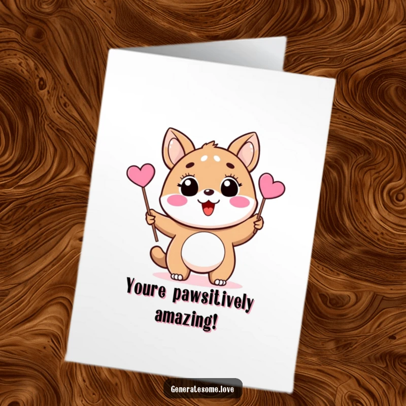 Funny Free Printable Congratulations Card with a cute animal character proudly waving a tiny pink heart flag, celebrating success with glee.