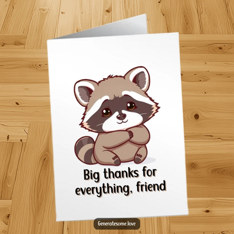 Funny Free Printable Thank You Card: Curious raccoon hides behind a heart, tipping his hat with a charming, humorous thank you.