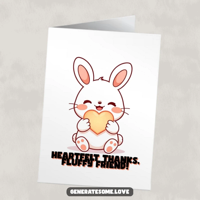 Funny Free Printable Thank You Card: A small, happy kawaii bunny holding a softly glowing heart symbol to show thanks.