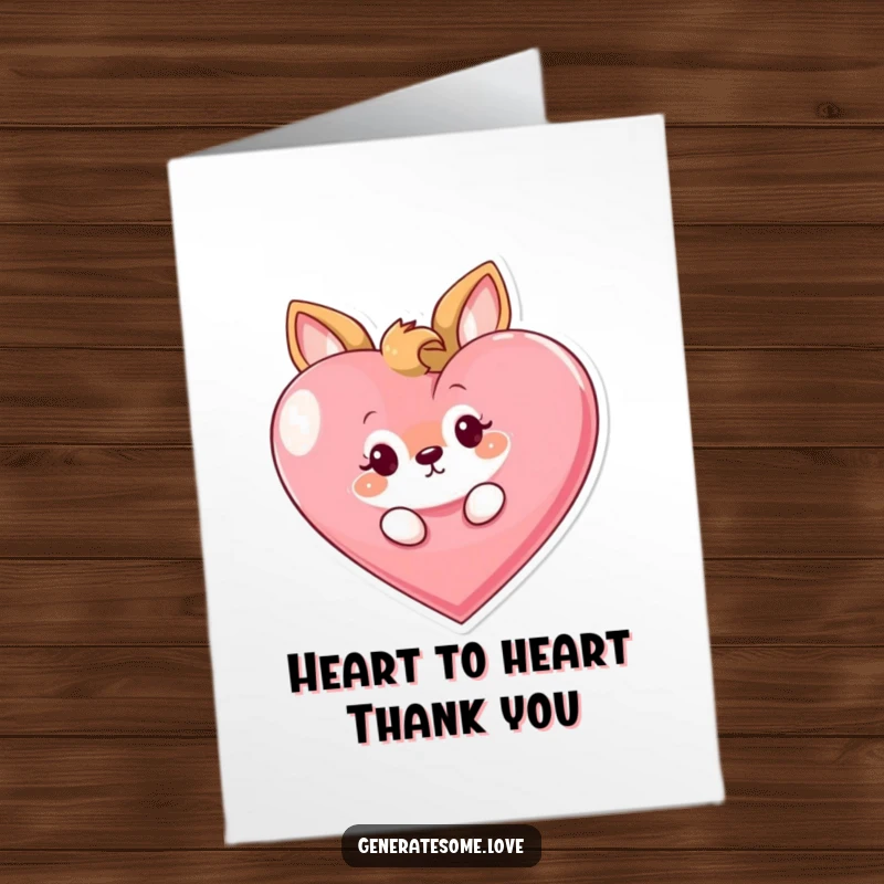 Funny Free Printable Thank You Card: Curious animal peeking from behind a large heart with a sweet expression.