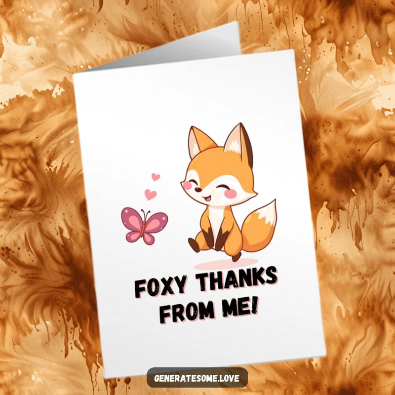 Funny Free Printable Thank You Card: A cheerful kawaii fox joyfully chasing a whimsical heart-shaped butterfly to say thanks.