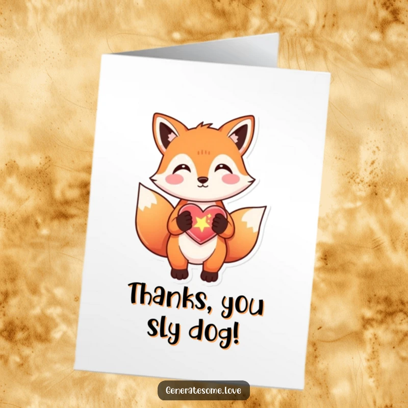 Funny Free Printable Thank You Card: A delightful fox presenting a shimmering, sparkly heart with a smile.