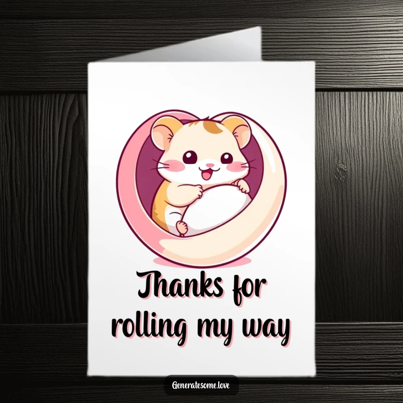 Cute Free Printable Thank You Card: A happy kawaii hamster comically rolling inside a heart-shaped ball, sending thanks.