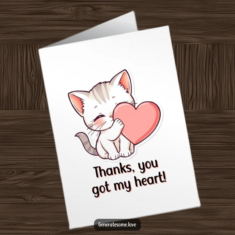 Funny Free Printable Thank You Card: A darling kitten nuzzling affectionately against a symbolic heart.