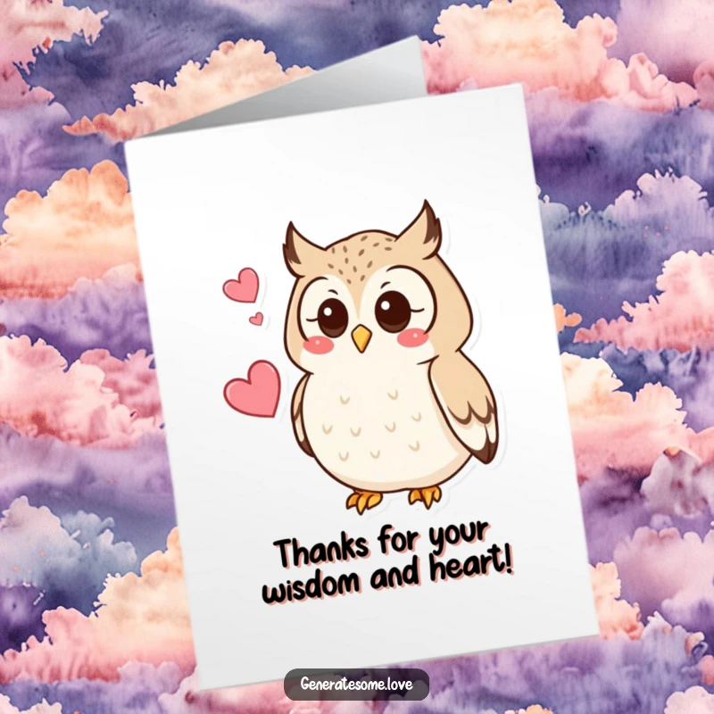 Free Printable Thank You Card: A curious owl hoots softly near a floating heart, expressing heartfelt thanks.