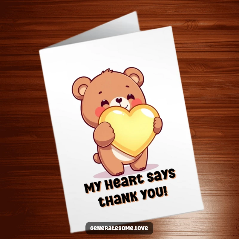 Funny Free Printable Thank You Card: Kawaii bear joyfully holds a giant glowing heart, expressing deep thanks.