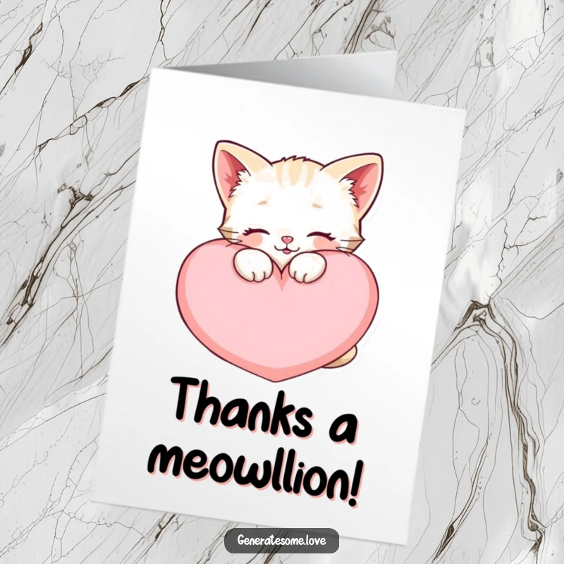 Funny Free Printable Thank You Card: A content kawaii kitten embracing a large heart cushion, conveying sweet appreciation.