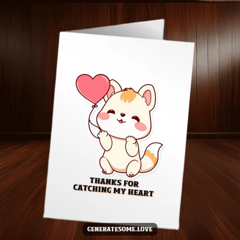 Funny Free Printable Thank You Card: A playful animal character catches a floating heart with its paws, signifying receiving thanks.