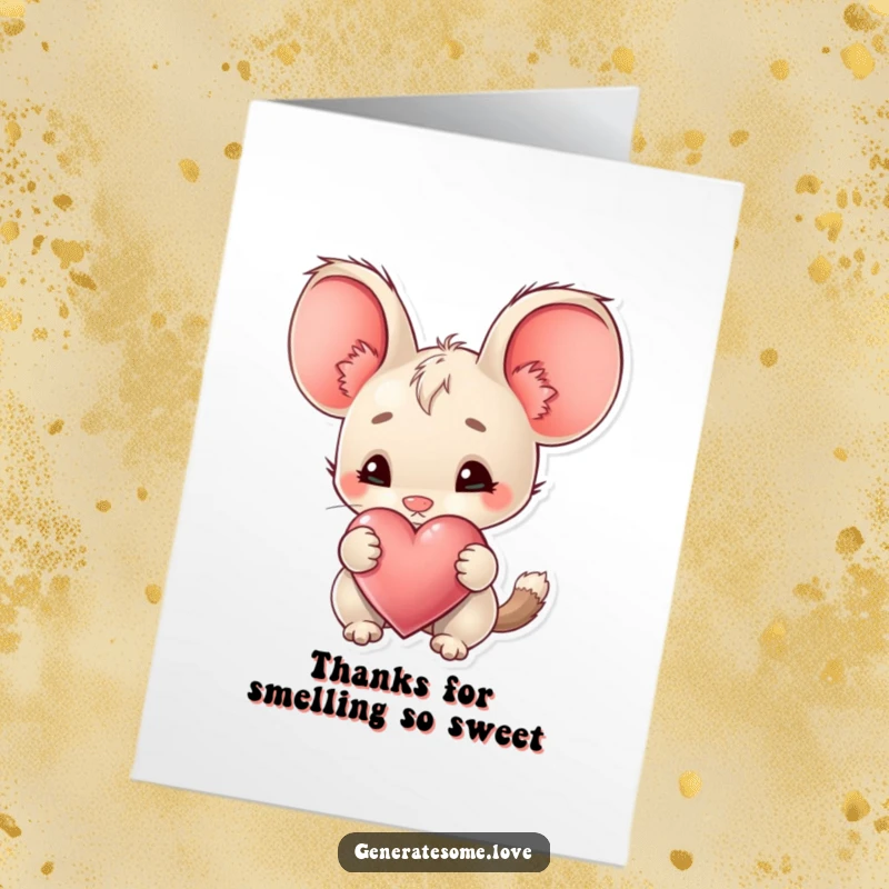 Free Printable Thank You Card: Creature with big ears curiously sniffs a heart, expressing sincere thanks with an inquisitive spirit.
