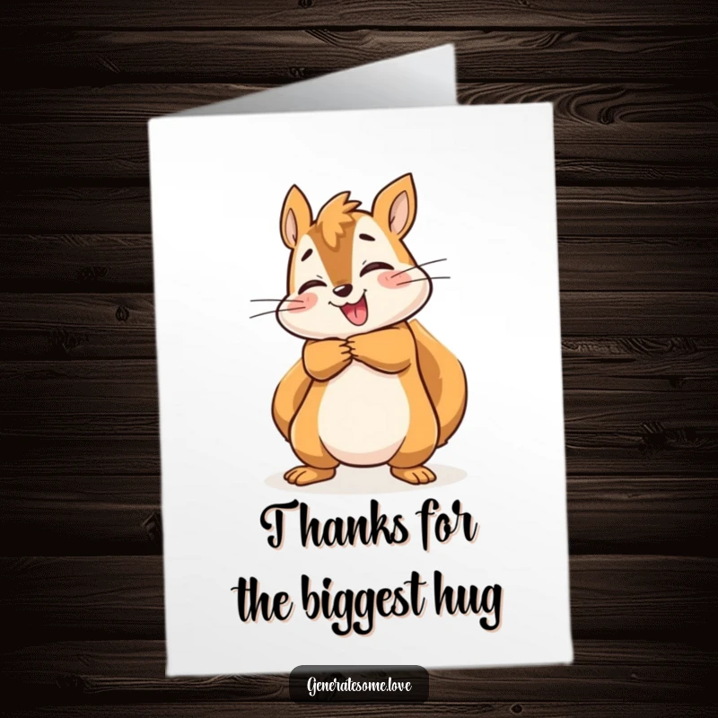Funny Free Printable Thank You Card: Energetic squirrel offers a huge, happy hug, conveying a warm and cheerful thank you.