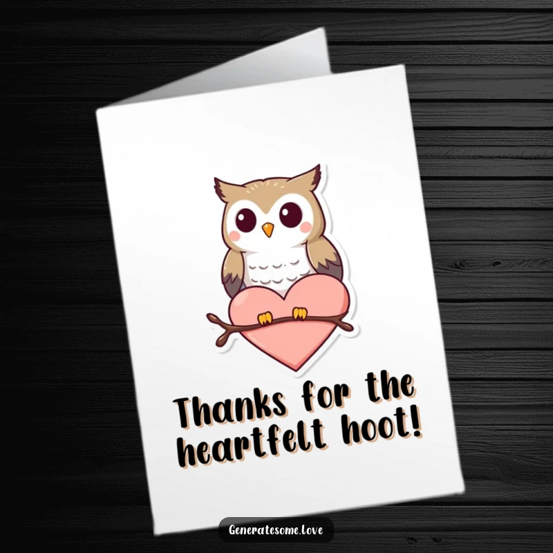 Funny Free Printable Thank You Card: A small owl character happily perches on a heart, conveying heartfelt thanks.
