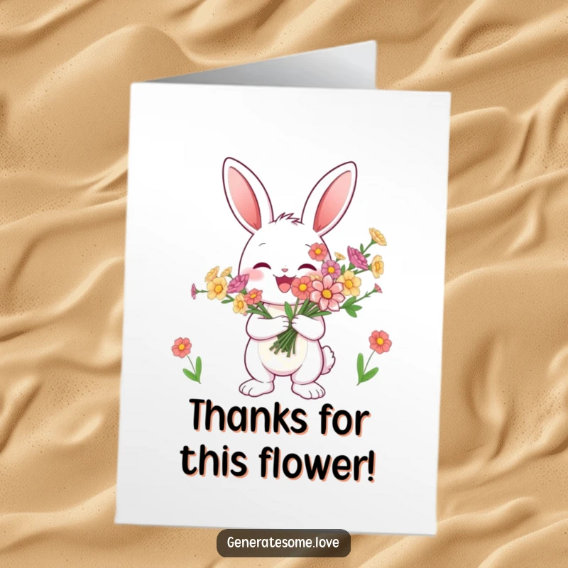 Funny Free Printable Thank You Card: A cute bunny joyfully holding a lovely bouquet of flowers to say thanks.