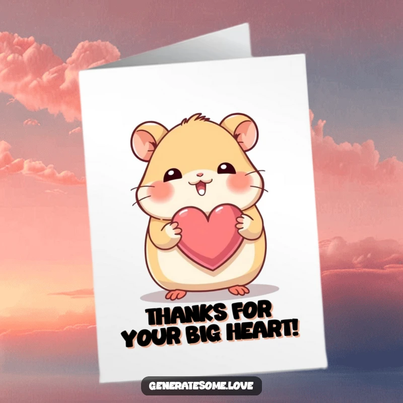 Funny Free Printable Thank You Card: A giggling hamster carrying a heart with its tiny paws, saying thank you sweetly.