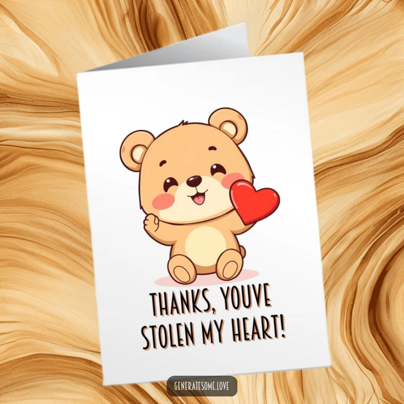 Funny Free Printable Thank You Card: A cheerful bear cub proudly offers a bright red heart, conveying gratitude.