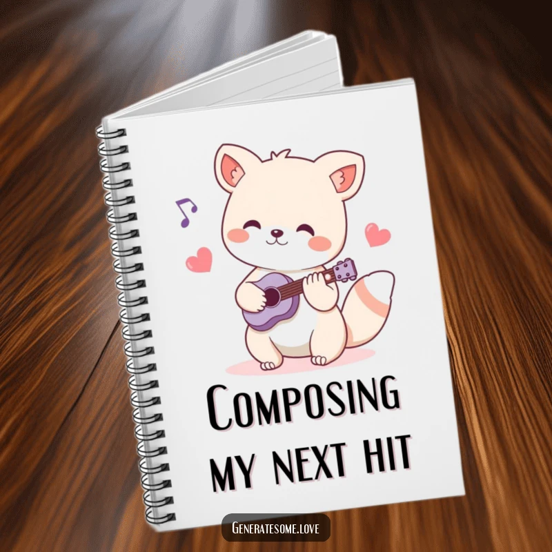 Funny notebook featuring a charming animal musician character playing a tune, with heart-shaped musical notes, ideal for composing thoughts musically.