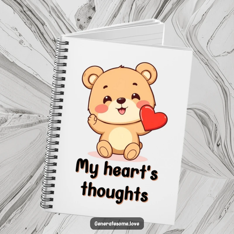 Funny notebook cover with a cheerful bear cub excitedly offering a bright red heart, perfect for sweet notes.