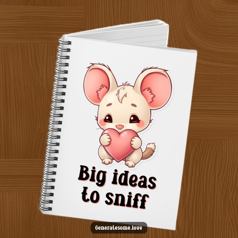 Funny Notebook featuring a creature with big ears curiously sniffing a heart, inspiring thoughtful notes and creative exploration.
