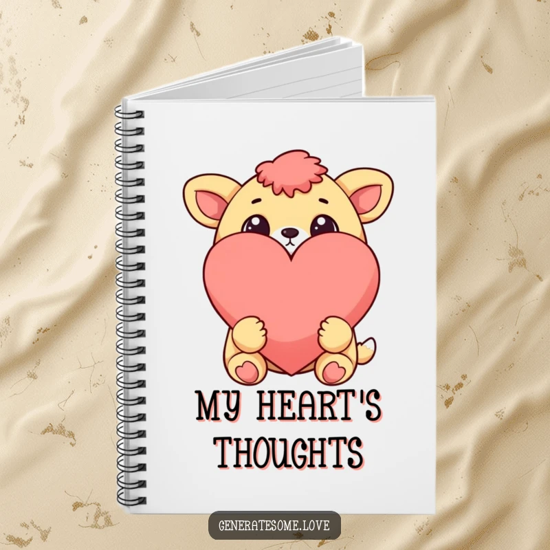 Funny cheerful animal character with wide eyes looking at a large heart on a notebook cover, inspiring heartfelt writing.