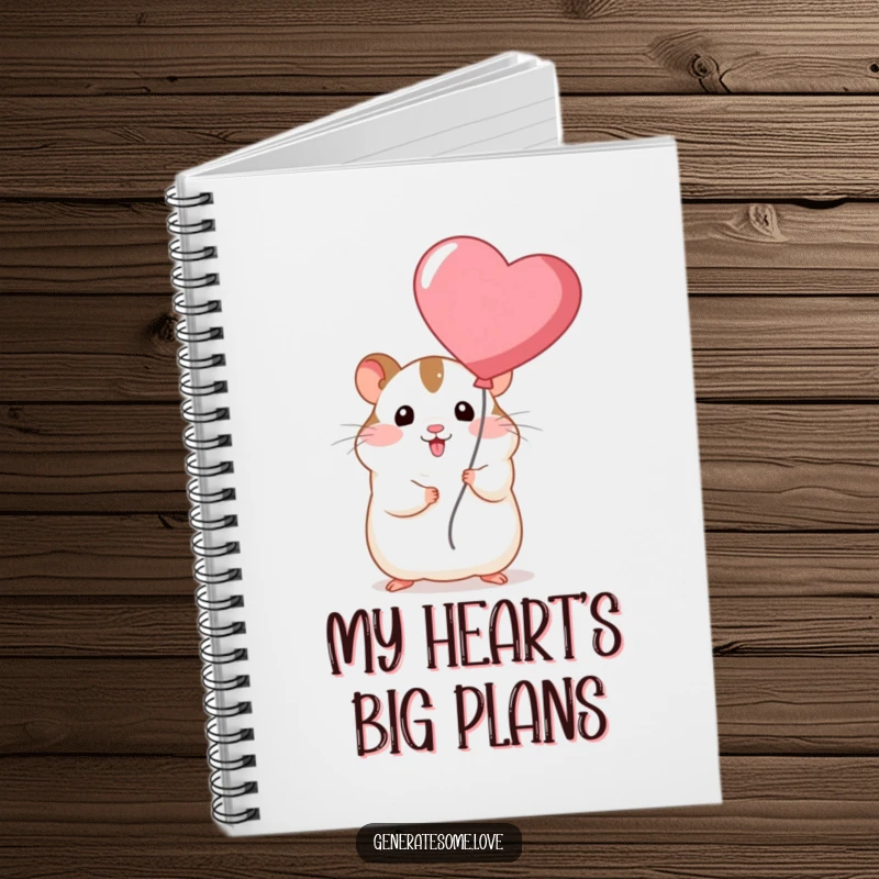 Funny chubby hamster character holding a red heart balloon, ready to jot down notes in this humorous notebook.