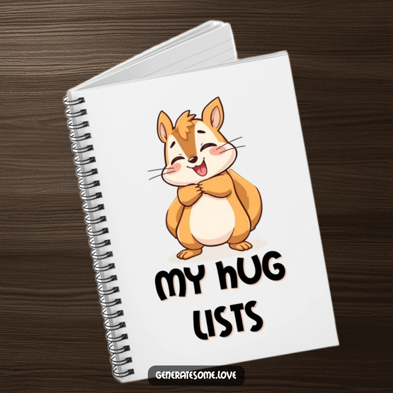 Funny energetic squirrel character giving a joyful hug, inspiring ideas in this humorous notebook.