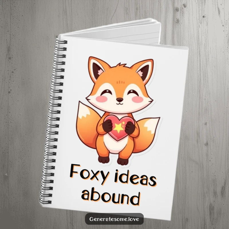 Funny fox notebook gifting a sparkly heart, perfect for writing and drawing, a cute gift.