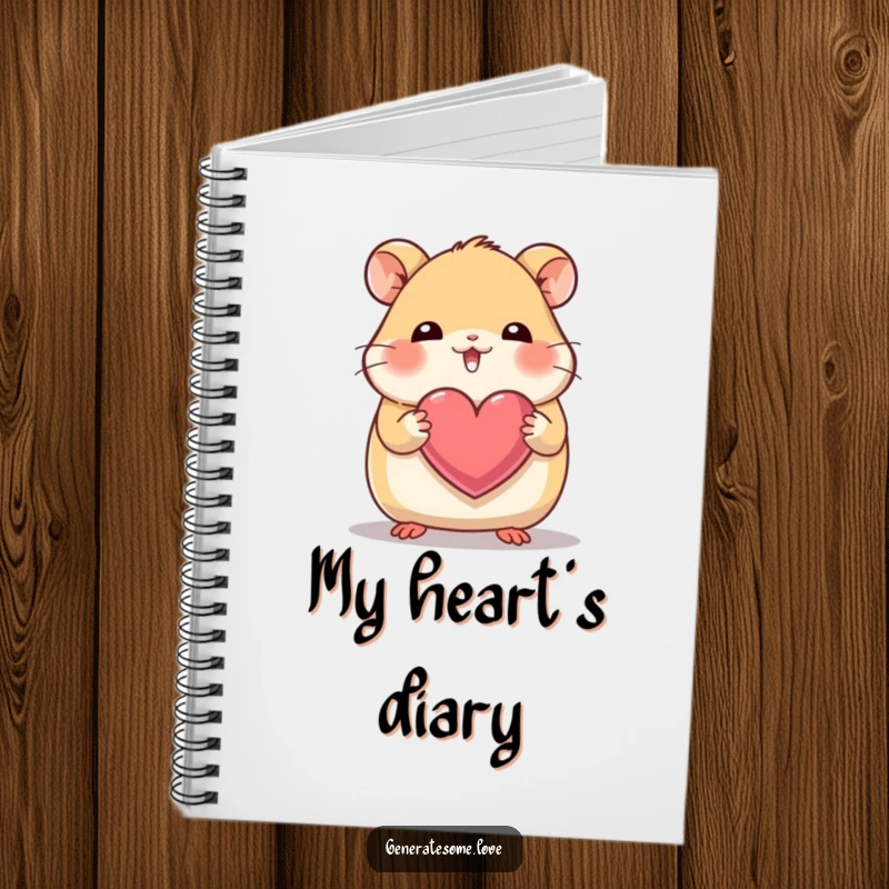 Funny notebook with a giggling hamster character holding a heart with its tiny paws, ideal for journaling love.