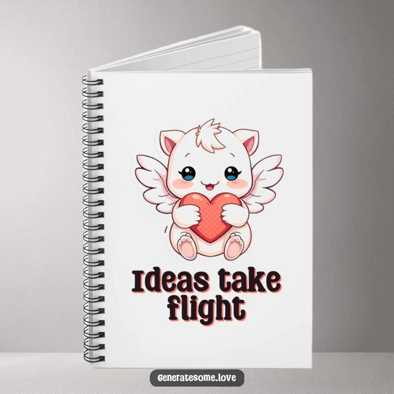 Funny Notebook featuring a creature with soft wings fluttering around a heart, inspiring gentle thoughts and creative writing.