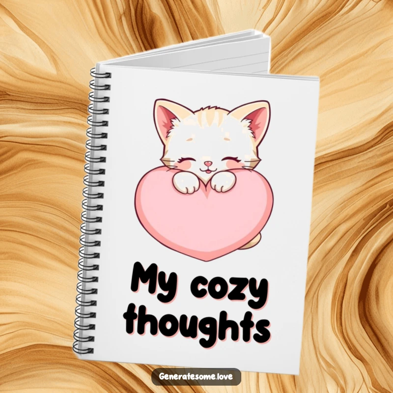 Funny happy kitten notebook, snuggling a large soft heart cushion, perfect for writing and drawing.