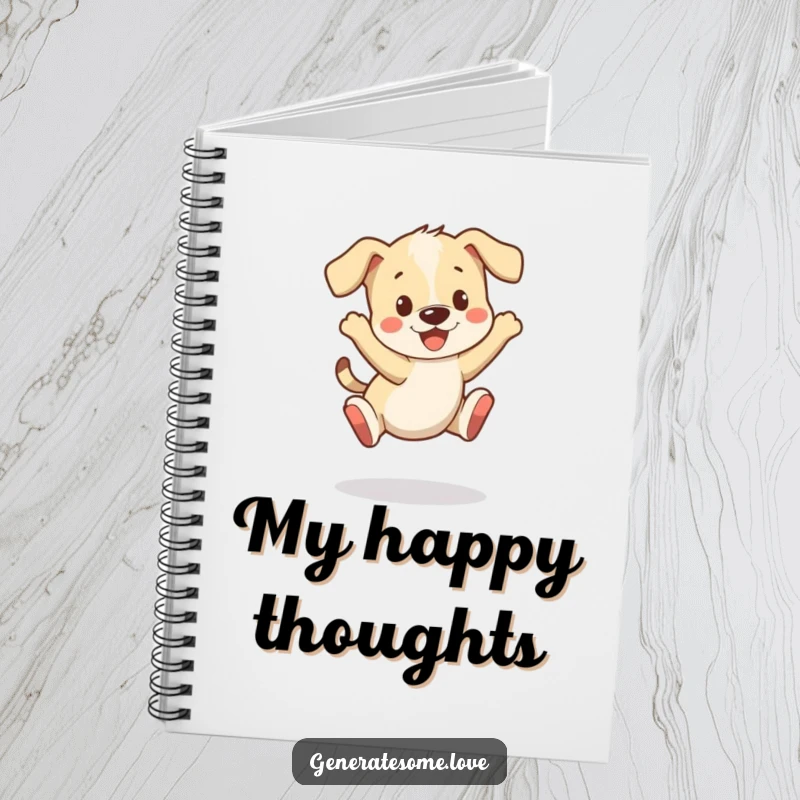 Funny notebook cover with a playful puppy character bouncing happily, tail wagging, perfect for notes.