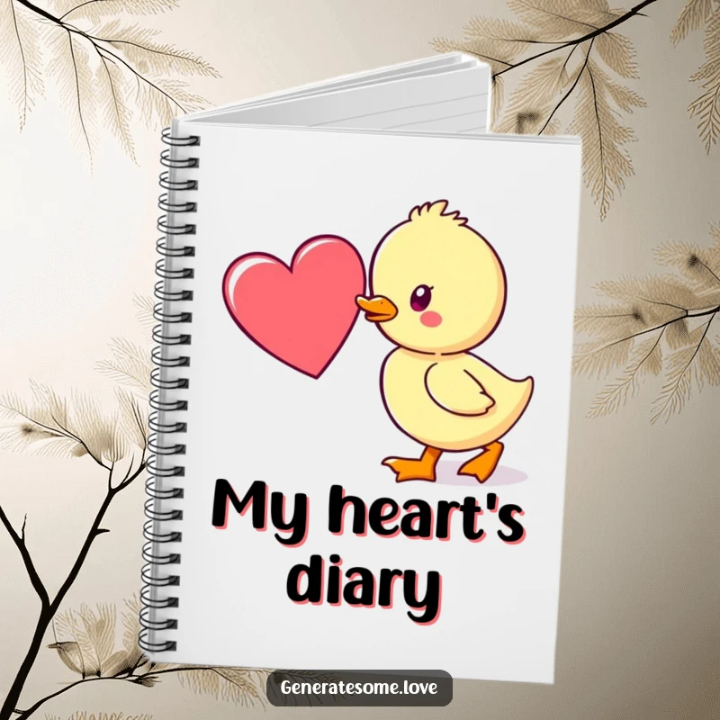 Funny notebook with a kawaii duckling waddling towards a heart, ideal for writing, drawing, and tracking your personal journey.